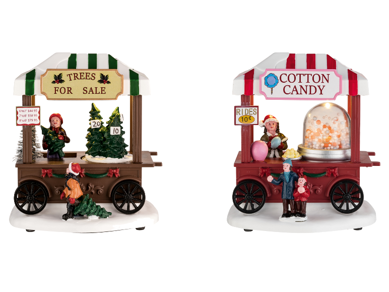 Zwei weihnachtliche Miniatur-Szenen: ein Weihnachtsbaumverkauf und ein Zuckerwattestand mit LED-Beleuchtung.