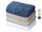 Stapel von vier Handtüchern in Blau, Beige, Grau und Weiß.