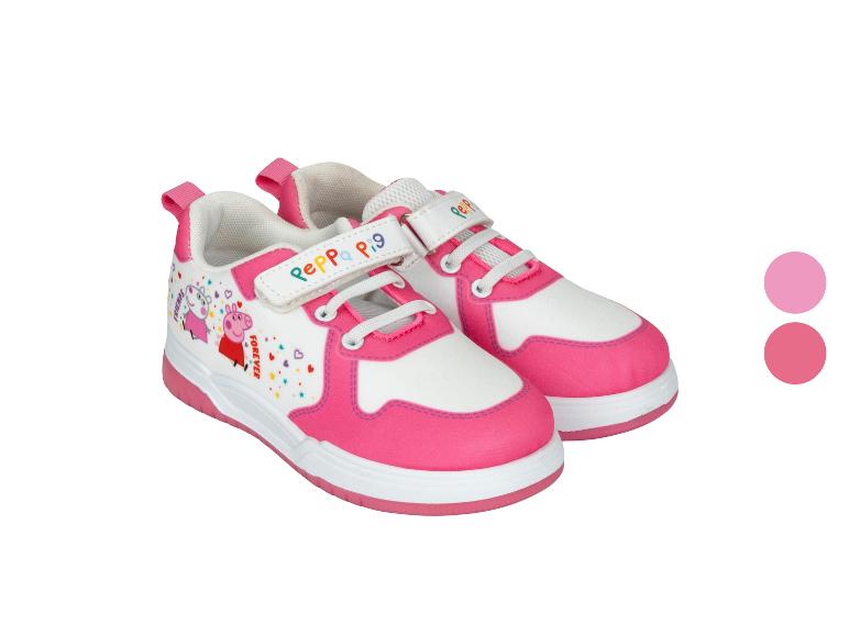 Rosa-weiße Kindersportschuhe mit Cartoon-Motiv und „Peppa Pig“-Schriftzug.