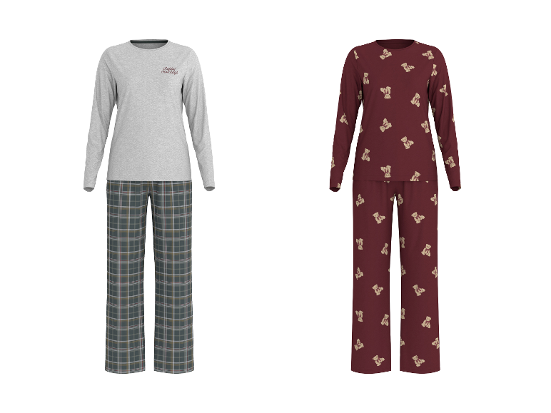 ESMARA® Damen Pyjama: Grau mit Karohose und bordeauxrot mit Teddybärenmuster.