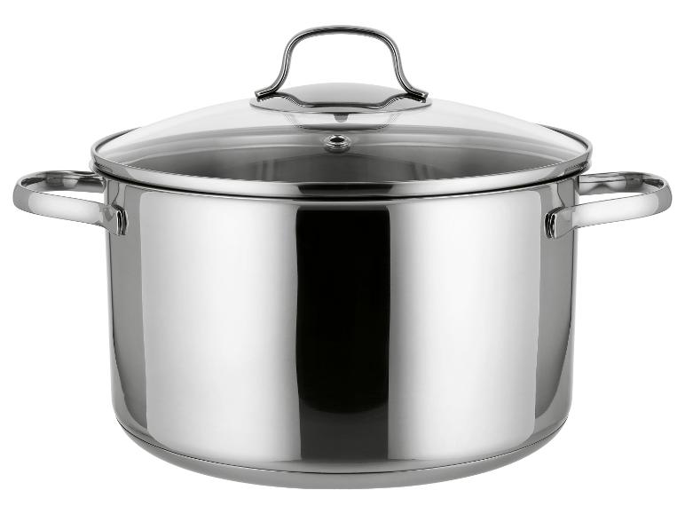 Edelstahl-Kochtopf mit Glasdeckel und Metallgriffen