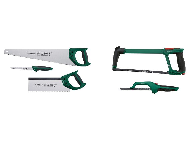 Parkside Handsägen-Set, bestehend aus einer großen Holzsäge, einer Astsäge und einer Bügelsäge.