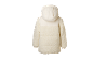Kinderjacke mit Kapuze, aus weißem Plüsch und gestepptem Material.