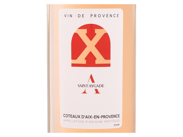 Roséweinflasche mit weißem Etikett, rotem und beigem Logo und Text.