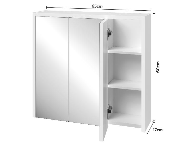 Weißer Spiegelschrank, 65x60x17cm, mit offenen Regalen und Türen.