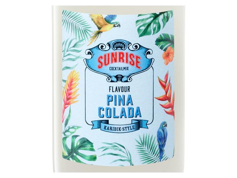 Pina Colada Cocktail-Mix, mit tropischen Illustrationen von Papageien und Blättern.