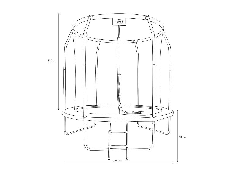 Rundes Trampolin mit Sicherheitsnetz und Leiter, 239 cm breit und 180 cm hoch.