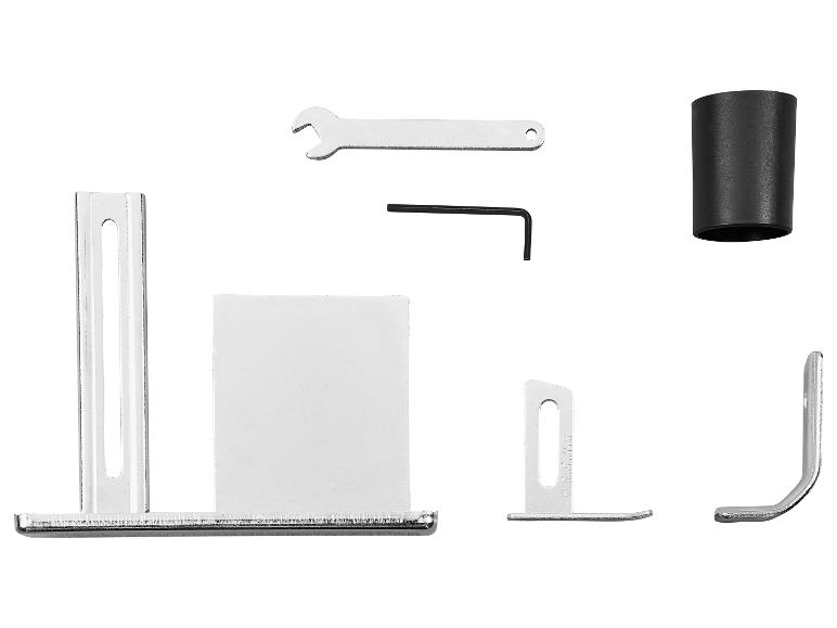 Zubehörset für Elektrowerkzeuge, bestehend aus Schraubenschlüssel, Inbusschlüssel und verschiedenen Metallaufsätzen