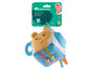 Ein blauer und gelber Activity Cube von Babybjörn mit einem Bären darauf.