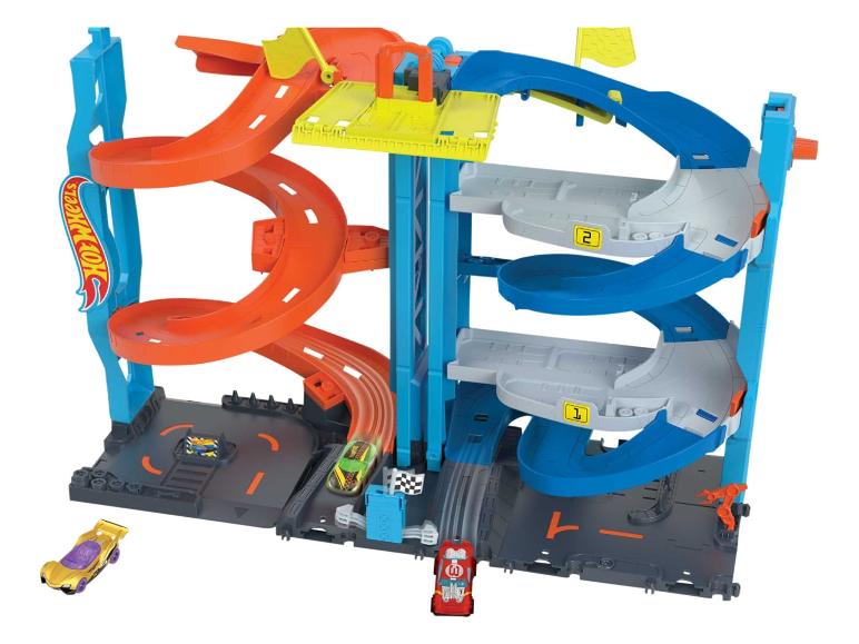 Hot Wheels Spielset mit Garage, Rampen und Rennwagen
