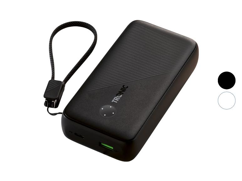 Schwarze Powerbank mit strukturierter Oberfläche und Handschlaufe.