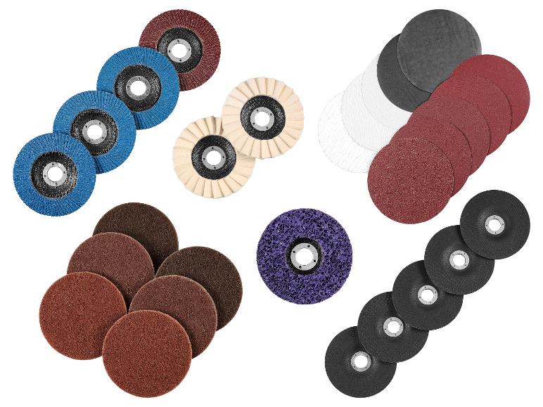 Eine Auswahl an Schleifscheiben, darunter Lamellen-, Polier- und Schleifscheiben in verschiedenen Farben und Größen.