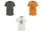 Kurzarm-T-Shirts: ein schlichtes grünes, ein orangefarbenes mit Surf-Print und ein weißes mit Sardinen-Print.