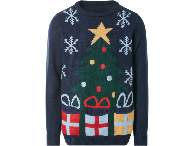 Blauer Kinder-Weihnachtspullover mit Tannenbaum, Schneeflocken und Geschenktaschen