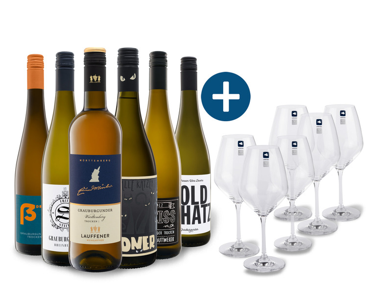 Gehe zu Vollbildansicht: 6 x 0,75-l-Flasche Weinpaket Deutsche Grauburgunder entdecken mit 6er Weißwein-Gläserset Leonardo - Bild 1