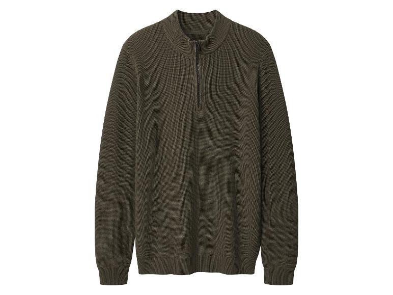 Dunkelgrüner Pullover mit kurzem Reißverschluss und Stehkragen