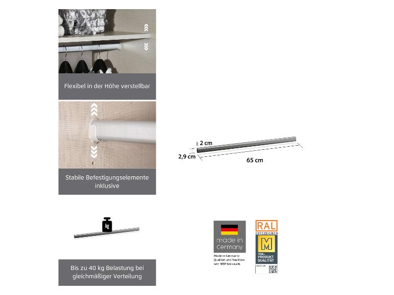 Ausziehbare Kleiderstange mit Befestigungen, Maßen und Tragfähigkeit bis 40 kg.