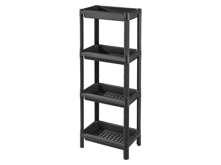Schwarzer Plastikregale mit vier Ebenen.