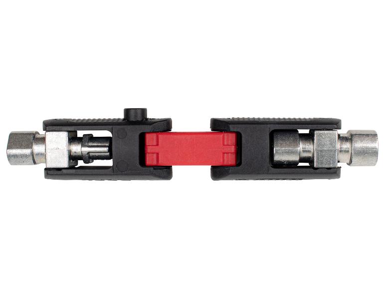 Roter und schwarzer Kabelverbinder mit Metallenden auf weißem Hintergrund.