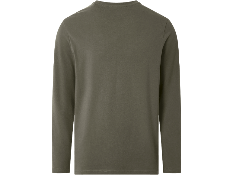 Einfarbiges olivgrünes Langarmshirt, Rückansicht.