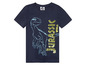 Ein dunkelblaues T-Shirt mit einem Jurassic World Dinosaurier und Glitzer.