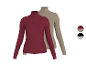 Zwei gerippte Damen-Rollkragenpullover in Bordeaux und Beige, mit Farbmustern.