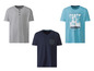 Drei T-Shirts: grau mit Knöpfen, dunkelblau mit Tasche und hellblau mit Print