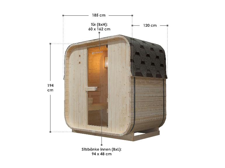 Holzsauna mit Schindeldach, Tür 60x162 cm, Sitzbänken 94x48 cm und Maßen 194x185x120 cm.