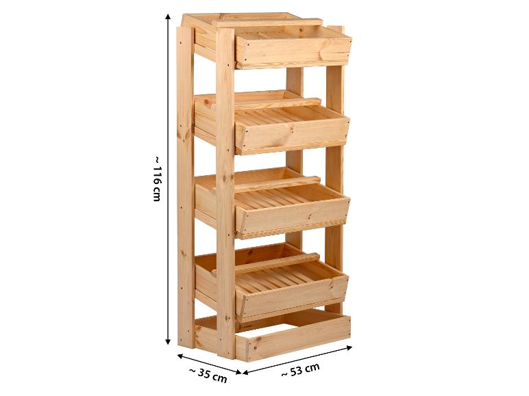 Holzregal mit fünf schrägen Aufbewahrungsschubladen, 116 x 53 x 35 cm.