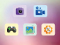 App-Symbole: Kamera, Videokamera, Gamecontroller, Fotogalerie und Einstellungen.