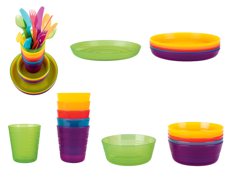 Ein Set aus bunten Plastik-Schalen, Tellern und Bechern.