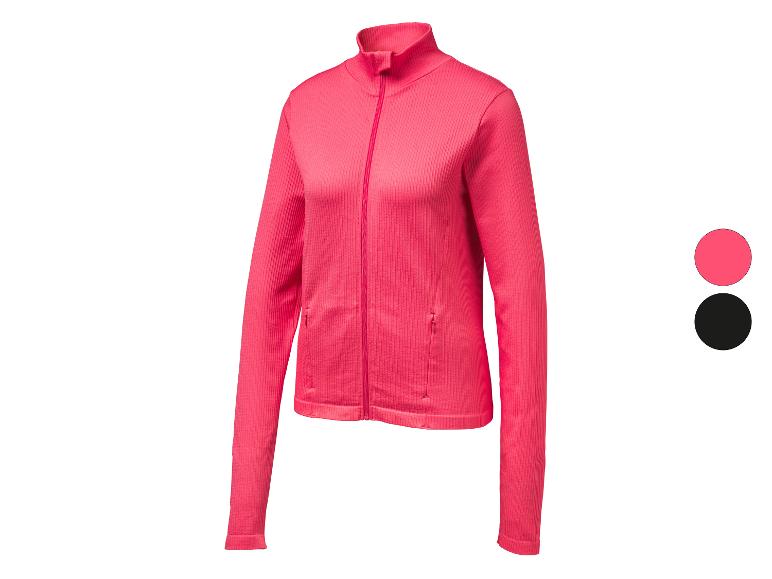 Fuchsiafarbene Sportjacke für Damen mit Reißverschluss und Stehkragen, in Fuchsia und Schwarz erhältlich.