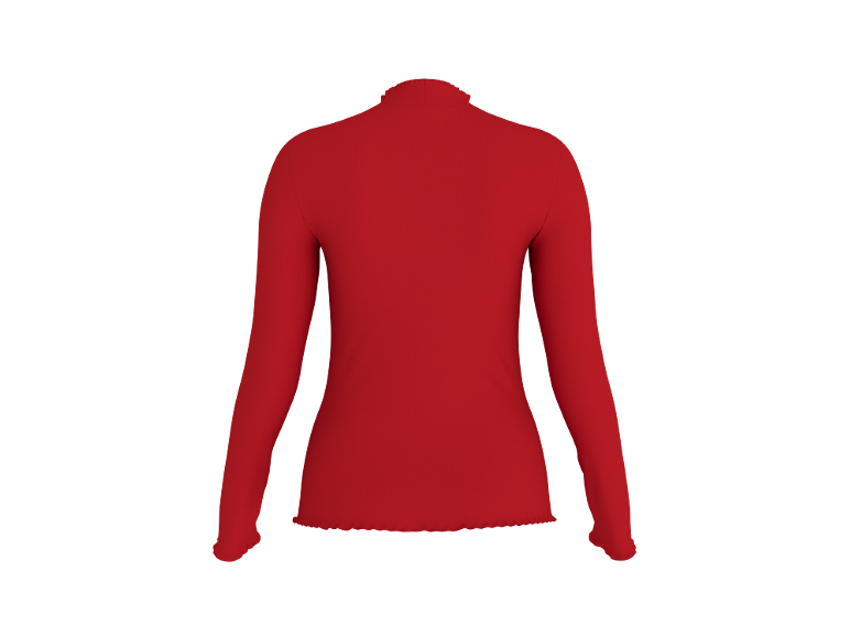 Rotes Langarmshirt mit Rüschenkragen und -säumen.
