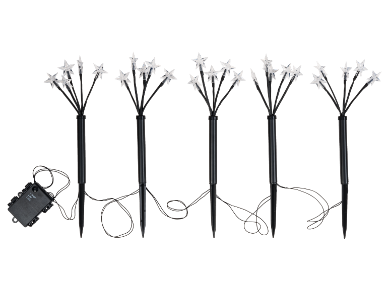 Set aus fünf sternförmigen Gartensteckleuchten mit Steuerbox für Außendekoration.