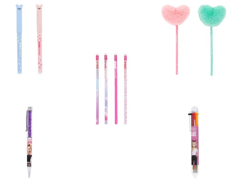 Bunte Stifte und Bleistifte im „FOREVER GIRLIE“-Design, inklusive flauschiger Herzstifte.
