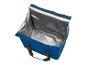 Blaue Kühltasche mit silberner Innenausstattung, ideal zum Transportieren von Lebensmitteln oder Getränken.