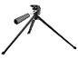 Ein kompaktes schwarzes Stativ mit ausziehbaren Beinen und einem Montagekopf, auf weißem Hintergrund.