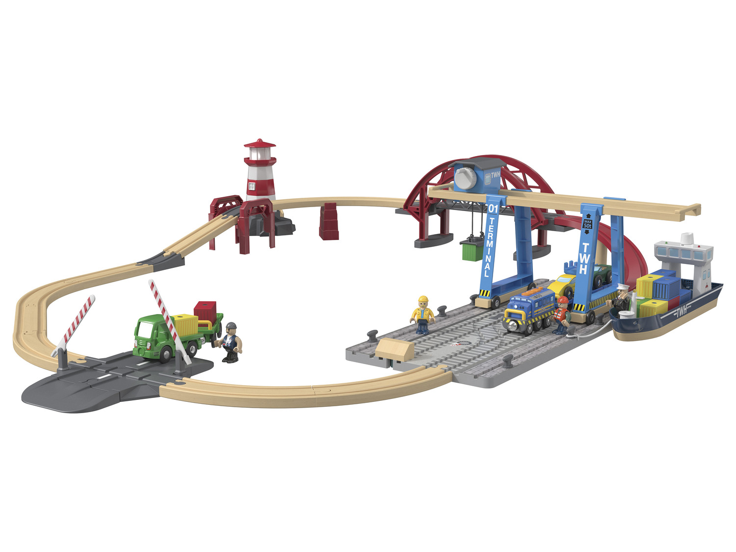 Playtive Holz Eisenbahn-Set Containerhafen, mit 3 Stat…