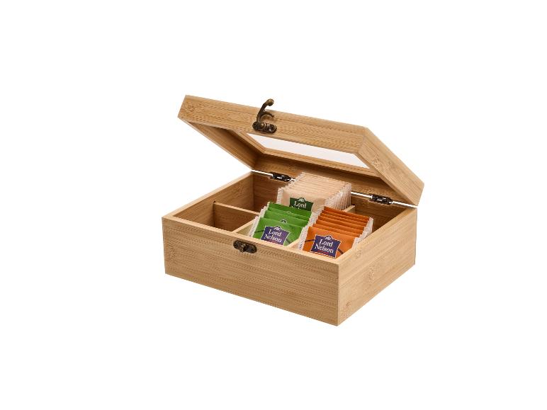 Bambus-Teebox mit drei Fächern, gefüllt mit Lord Nelson Teebeuteln.
