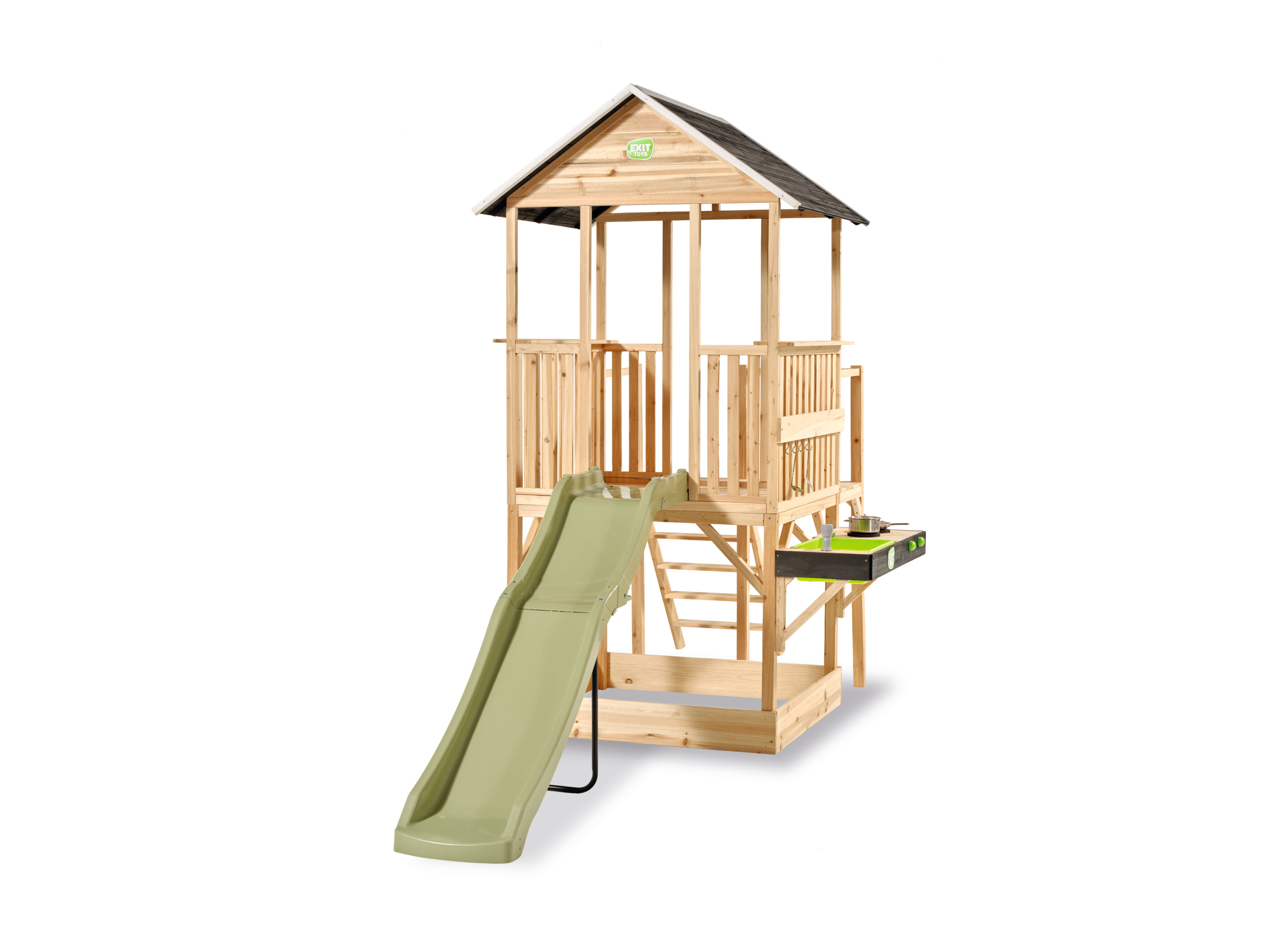 EXIT TOYS Panorama Holzspielhaus mit Rutsche (matschküche und sandkasten)
