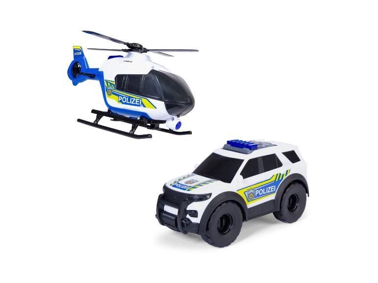 Spielzeug-Polizeihubschrauber und Polizeiauto mit der Aufschrift „POLIZEI“