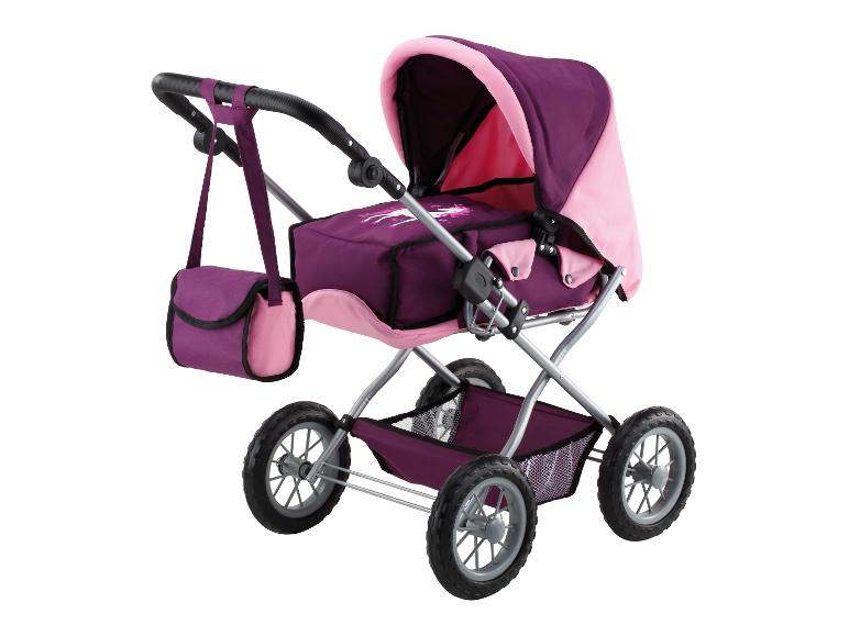 Rosa-lila Spielzeugkinderwagen mit passender Tasche