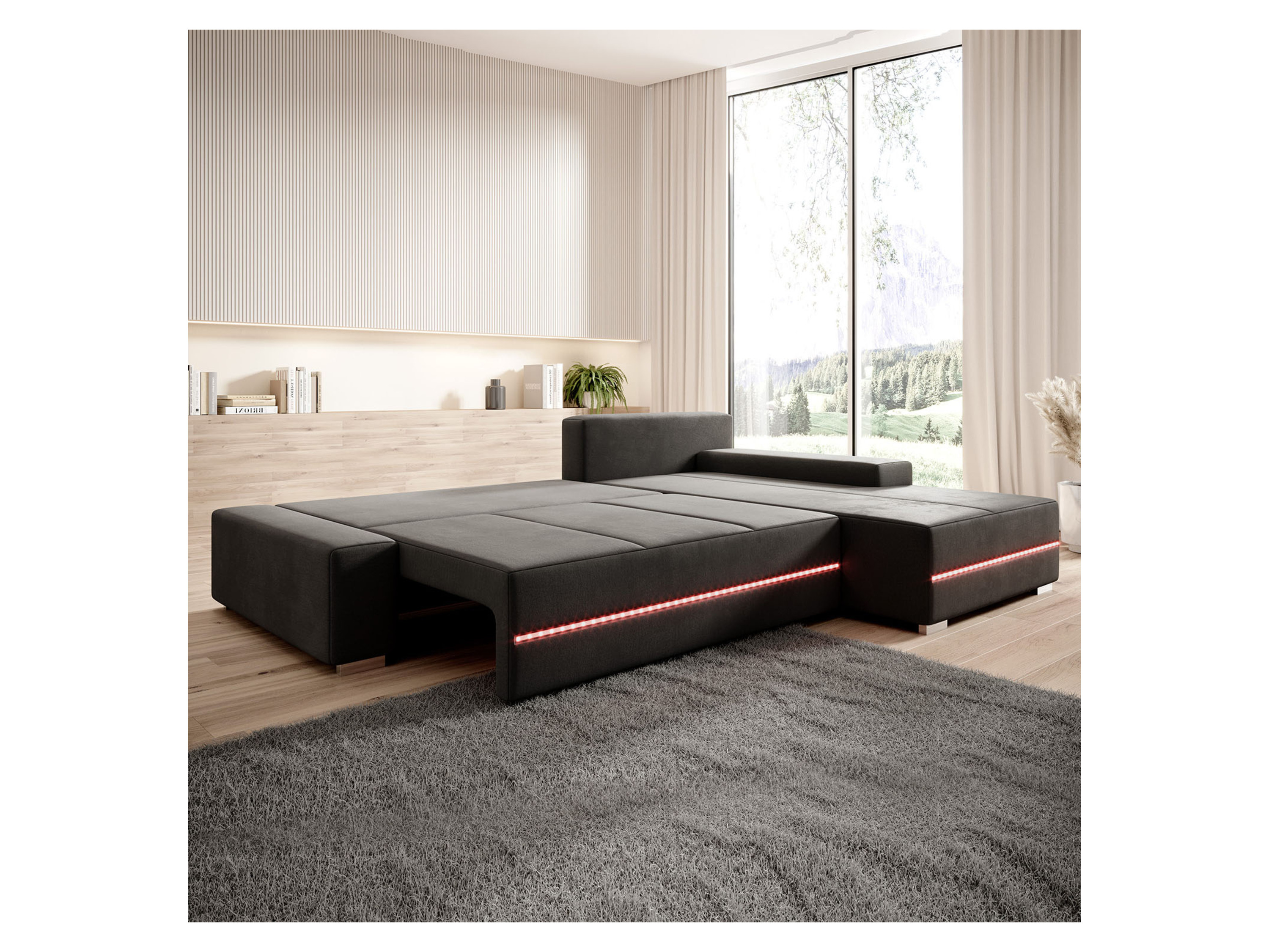 Thumbnail - Juskys Davos Sofa LED mit Ottomane Schlaffunktion (Rechts, Dunkelgrau)