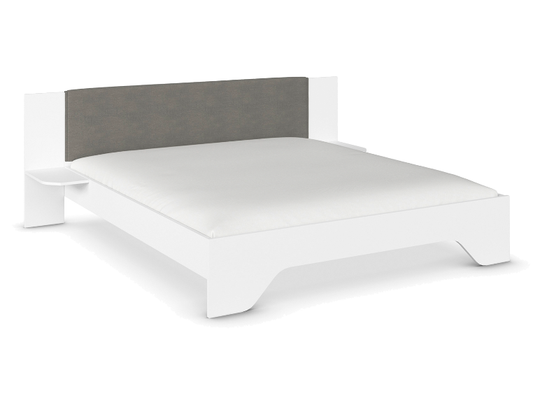 Weißes Bett mit grauem Polsterkopfteil und integrierten Nachttischen.