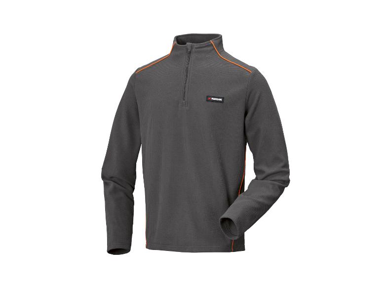 Dunkelgrauer Fleece-Pullover mit orangefarbenen Akzenten und halbem Reißverschluss.