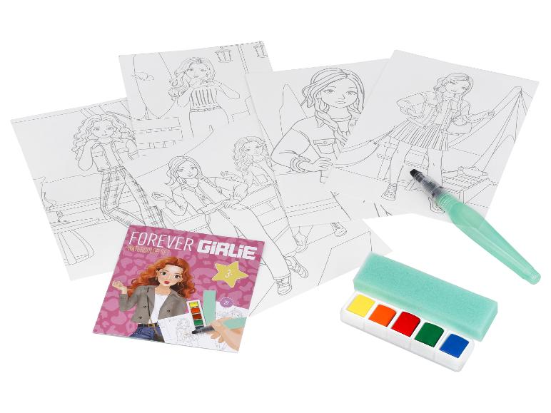 Forever Girlie Aquarell-Set mit Wasserpinsel, Schwamm und Malvorlagen