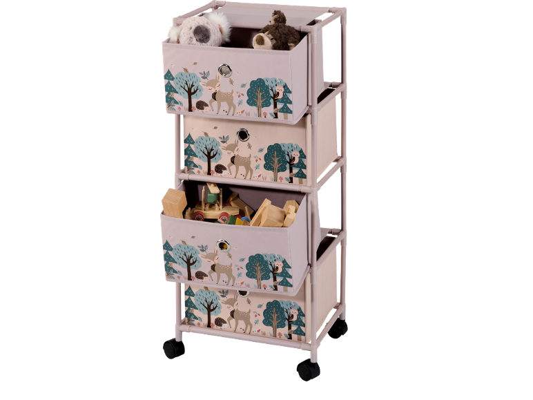 Spielzeugregal mit Wald- und Tiermotiven, auf Rollen.