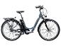 Graues Elektro-Citybike mit Tiefeinstieg, Gepäckträger und Vorderlicht.