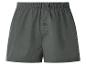 Dunkelgraue Baumwoll-Boxershorts mit elastischem Bund und Knopfleiste.