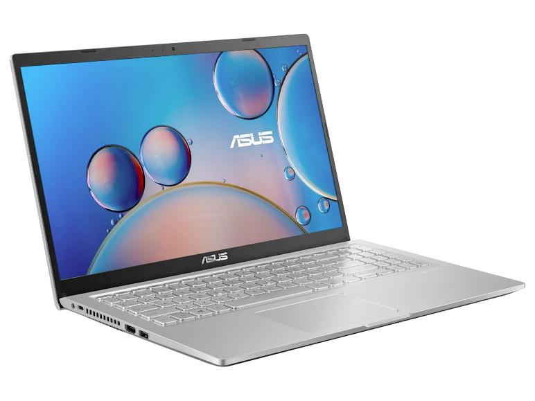 Offenes silbernes Laptop mit blauem Bildschirm und Blasen, schräg gesehen.